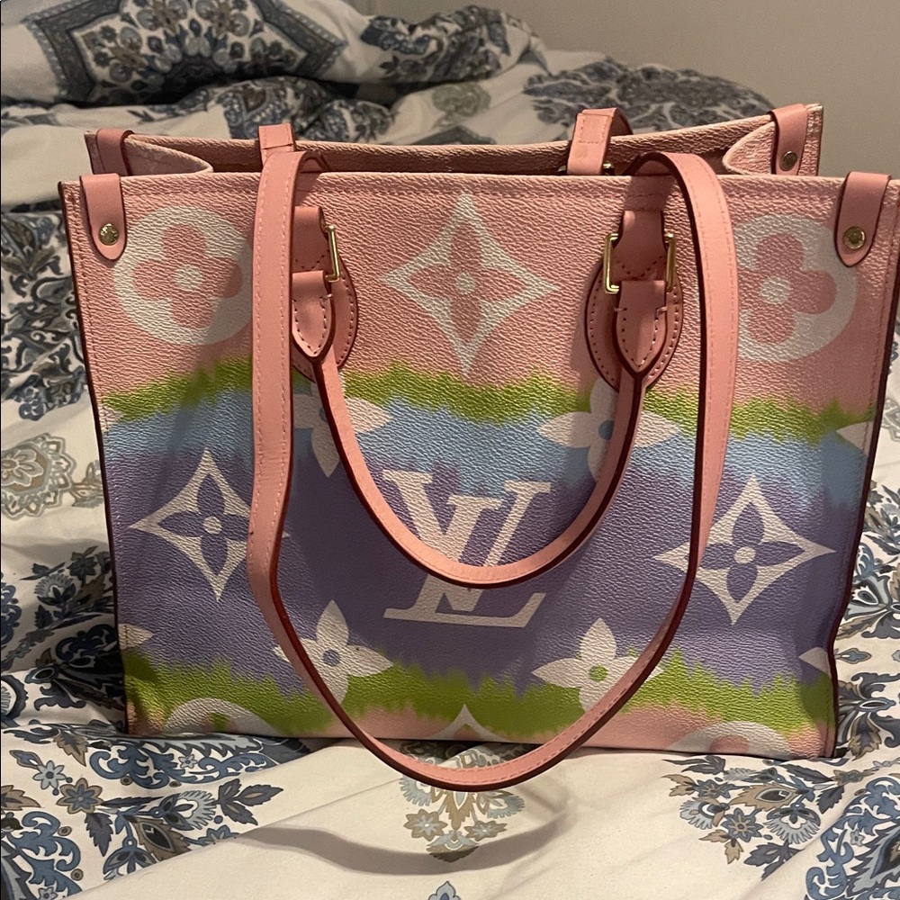 Louis Vuitton Style Designer Pink Lavender Green Monogram Canvas Tote - Picture 4 of 6